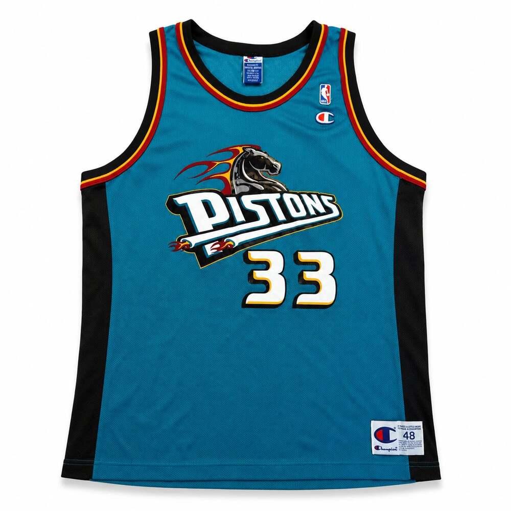 Vintage 1990s Champion Grant Hill Detroit Pistons Teal Basketball Jersey Size 48